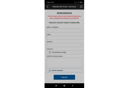 Hlášení závad na komunikaci - snímek mobilní aplikace