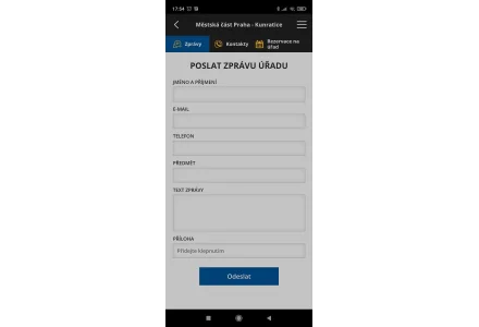 Odeslání zprávy úřadu - snímek mobilní aplikace