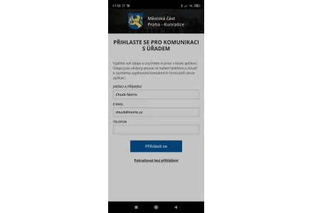 Možnost identifikace uživatele - snímek mobilní aplikace